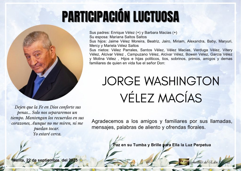 Obituario JORGE WASHINGTON VÉLEZ MACÍAS